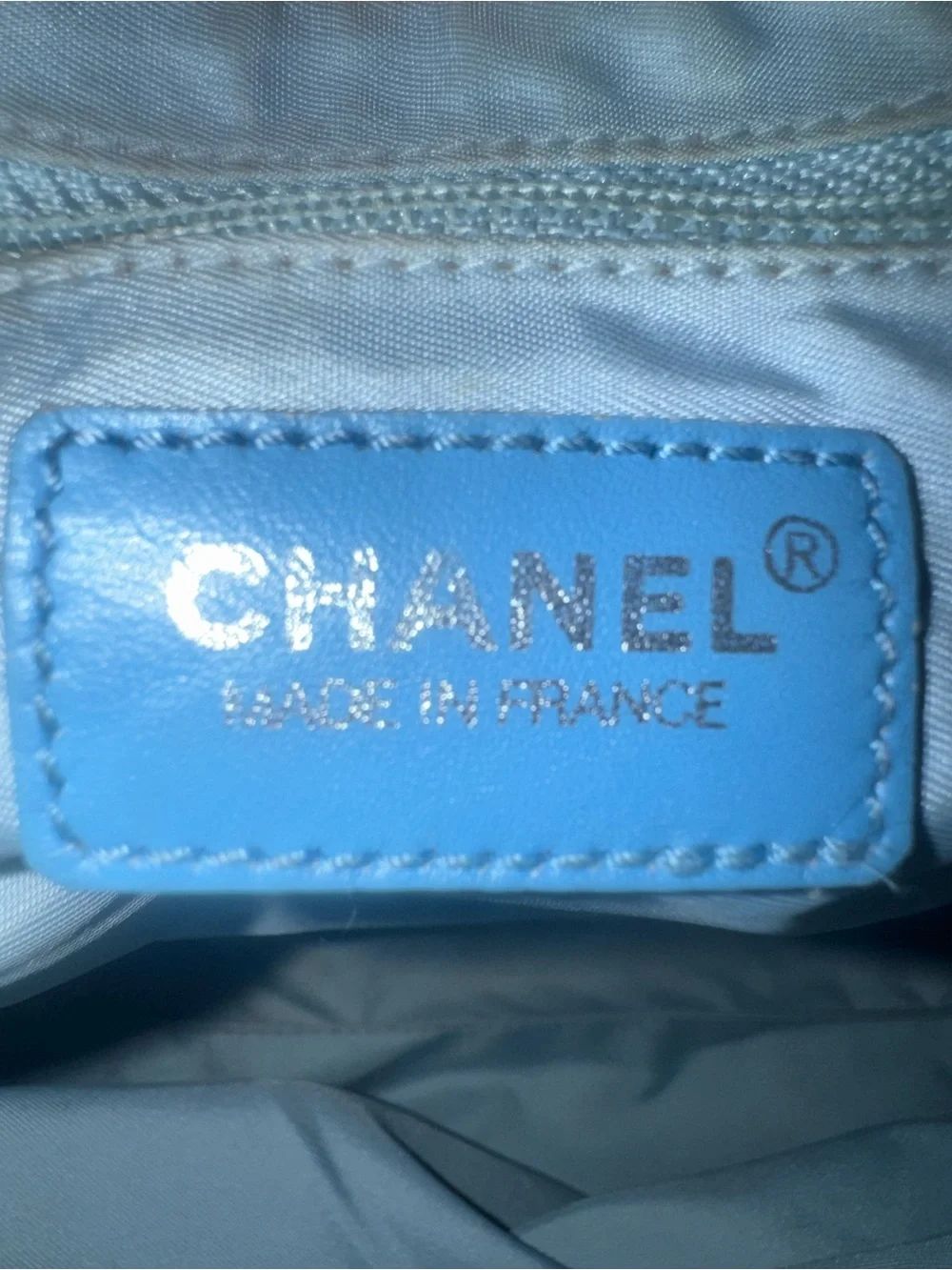CHANEL rare baby Blue Jacquard travel line Tote Bag EUC